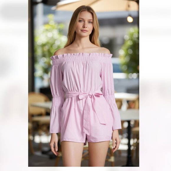 NWT  Saks Fifth Avenue  Pinstriped Cotton Jumpsuit Belted Baby Pink Belted - Picture 1 of 7